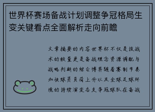 世界杯赛场备战计划调整争冠格局生变关键看点全面解析走向前瞻