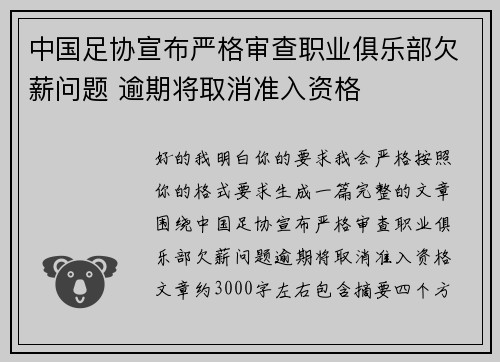 中国足协宣布严格审查职业俱乐部欠薪问题 逾期将取消准入资格